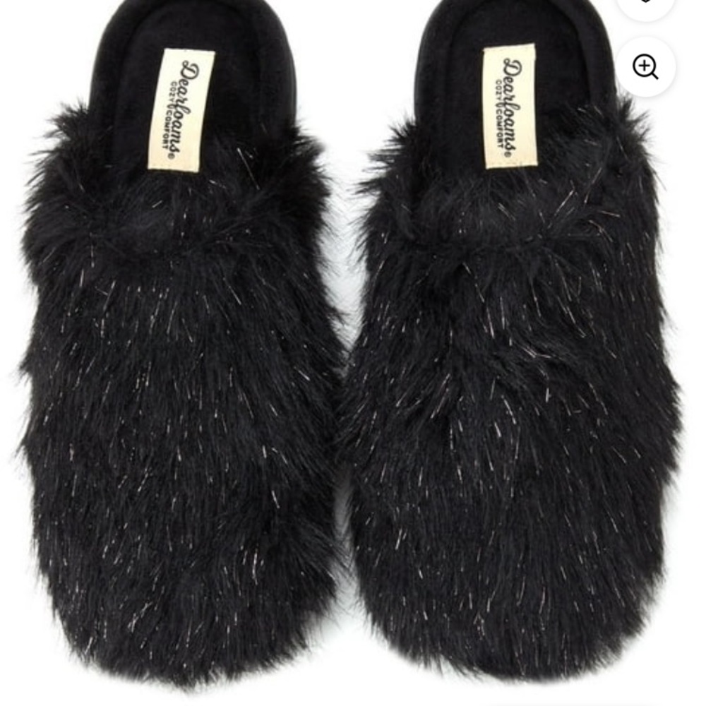 Dearfoams Women's Black with silver sparkle Plush Slippers